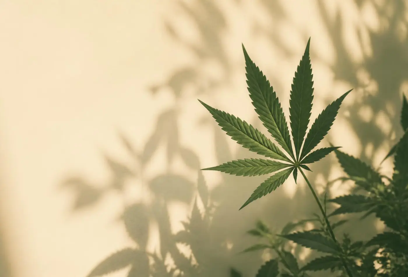 Backlit cannabis leaf against a warm cream wall